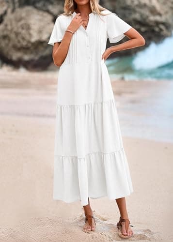 KIRUNDO Summer Maxi Dresses for Women 2026 Spring Fashion Short Sleeve Button V Neck Pleated Loose Tiered Swing Flowy Dress(White, Large) - Thumbnail 4