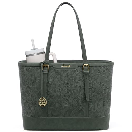 LOVEVOOK Laptop Bag for Women, 17.3 Inch Large Work Tote Bag with 40oz Cup Holder, Waterproof PU Leather Computer Briefcase for Teacher, Professional Business Shoulder Purse Floral Green