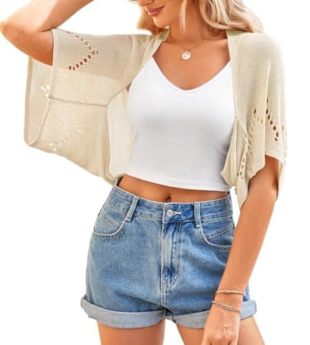 BB&KK Summer Crochet Sweaters for Women Shrug Hollow-Out Batwing Short Sleeve Lightweight Knit Tops Bolero Cardigans Ivory XL