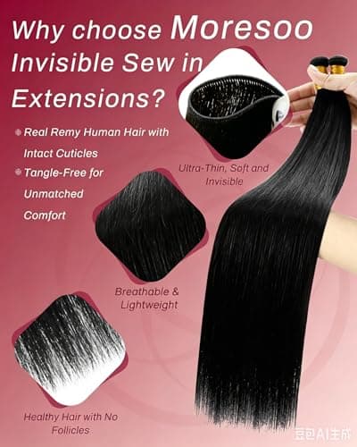 Moresoo Genius Weft Hair Extensions Human Hair, Natural Black Invisible Sew in Hair Extensions Real Human Hair, Salon Quality for Volume and Length 20 Inch 60g - Thumbnail 3