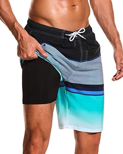 SILKWORLD Mens Swim Trunks 9 Inch Quick Dry Board Shorts 2 in 1 Compression Liner Beach Swimwear with Zipper Pockets, Black+Blue, Medium - Image 1