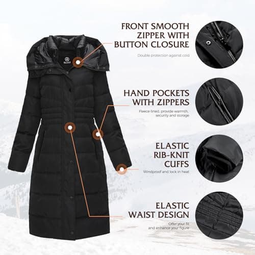 IKAZZ Winter Warm Coats, Women's Luxurious Fashion Windproof Down Quilted Long Parkas Outerwear, Rain Water-Resistant Thick Insulated Hooded Puffer Jacket, Black XL - Thumbnail 4