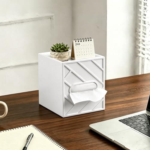Militwo Aesthetic Tissue Box Cover with Top Tray, Modern Cube Wooden Facial Tissue Holder, Etched Geometric Design Napkin Dispenser for Bathroom, Nightstand, Vanity, Home Theatre - Thumbnail 6