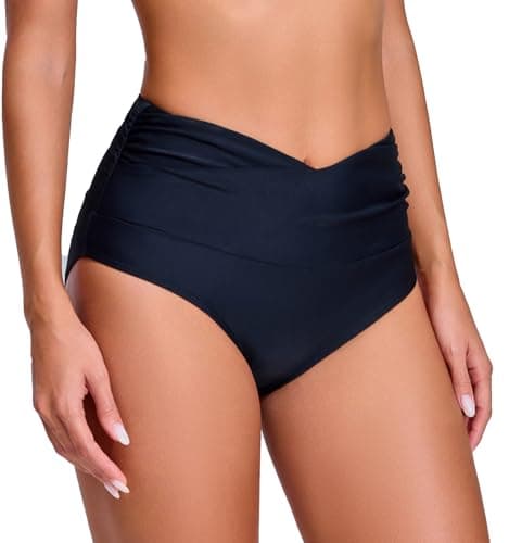COCOPEAR V-Cross High Waisted Bikini Bottoms Tummy Control Full Coverage Bikini Bottoms for Women Black S - Thumbnail 3