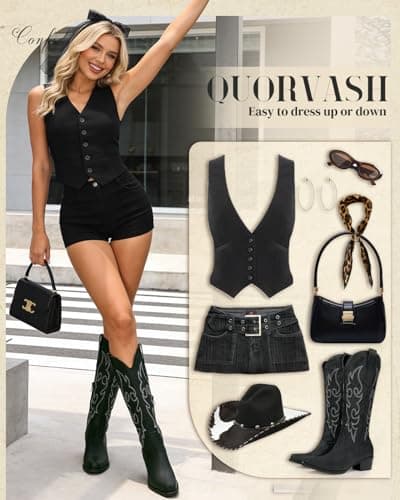 Quorvash Women's Wide Calf Cowboy Boots - Snip Toe Western Cowgirl Boots, Faux Leather Chunky Knee High Boots for Country Concerts & Nashville Outfits Black Size 10 - Thumbnail 2