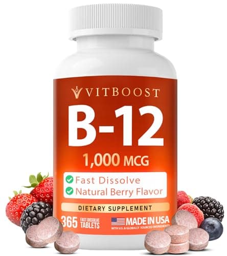 VITBOOST Vitamin B12 1000 mcg Chewable Tablets - 365 Count Natural Berry Flavor B-12 Vitamin for Energy & Nervous System Support - Non-GMO, Vegan Tablets - Made in USA - Image 1