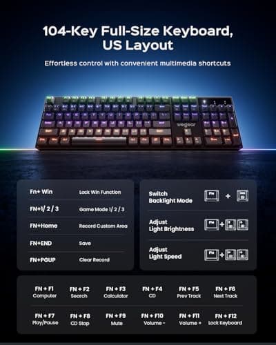 wegear Mechanical Gaming Keyboard with Blue Switch, 104-Key Full Size RGB Backlit Wired Keyboard（11 Modes, Anti-Ghosting, Double-Shot ABS Keycaps, Lighted Computer Key-Board for PC Windows-Black - Thumbnail 6