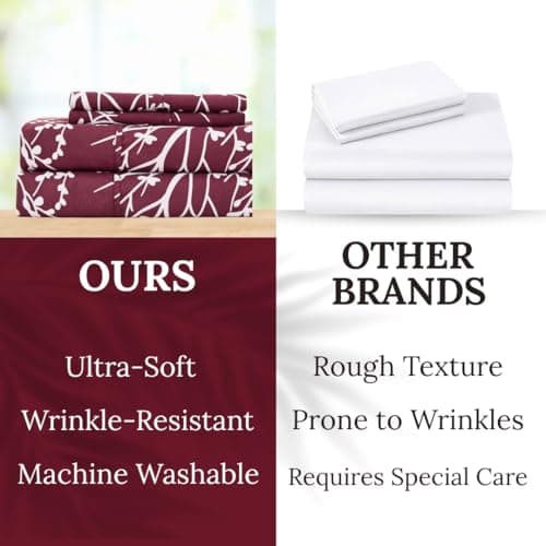 Spirit Linen home Queen Size Bed Sheets - Pure Microfiber 4 Piece Polyester Bed Sheets, Fitted Sheet & Pillow Cases - Queen Sheets for All Seasons (Foliage Burgundy/White, Queen) - Thumbnail 5