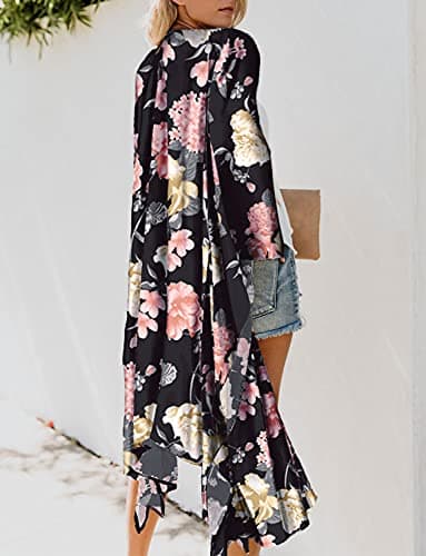 Women's Tropical Floral Boho Beach Long Swimsuit Kimono Cover Ups Summer Chiffon Cardigans Dusters Hawaiian Maternity Tops Sheer Thin Black Small - Thumbnail 2