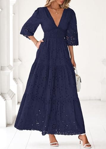 Lazysmile Long Sleeve Dresses for Women V Neck Hollow Out Eyelet Ruffle Swing A-Line Fall Vacation Boho Maxi Dress Navy - Thumbnail 6