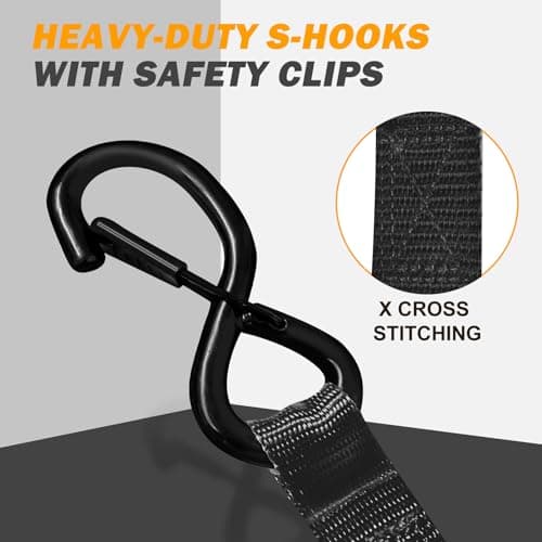 Motorcycle Tie Down Straps 1" x15' (4-Pack), Waterproof Carry Bag 2200lb Break Strength with Soft Loops & Coated S-Hooks for Truck, Trailer, ATV, UTV, Boat (Black) - Thumbnail 5