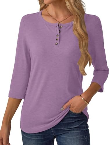 GKBK 3/4 Sleeve Womens Tops Fall Clothes Henley Casual Spring Summer Lightweight Basic Tunic Shirts Purple - Thumbnail 6