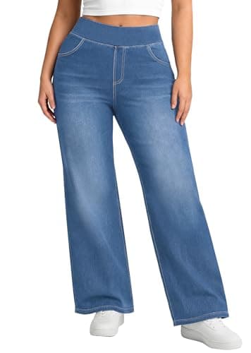 AVAMO Plus Size Jeans for Women Stretchy Wide Leg Pull On Sweatpant Jeans for Curvy Women High Waisted Baggy Denim Pants - Image 1