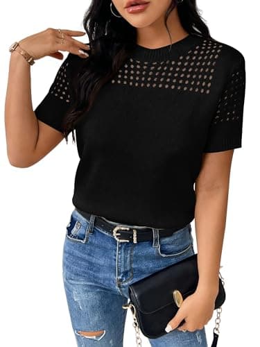 RICHSTORY Short Sleeve Sweaters for Women 2026 Casual Round Neck Summer Tops Comfy Lightweight Hollow Out Knit Pullover Sweater Spring Shirts Black Medium - Image 1
