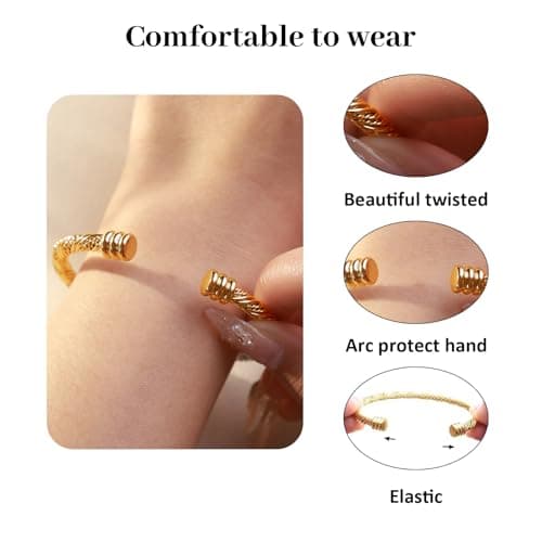 BOLAGTIER Stainless Steel Twisted Cable Wire Bracelets Adjustable Open Cuff Bangle Bracelet Vintage Jewelry Gift for Women (C-Gold 62) - Thumbnail 6
