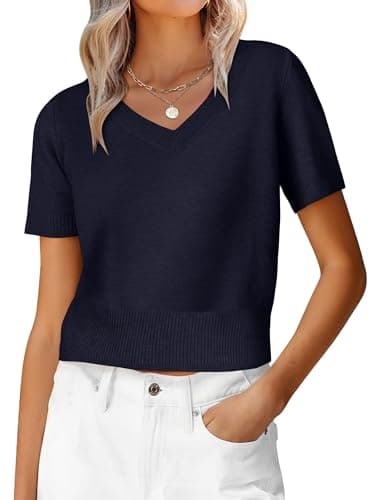 ANRABESS Womens Short Sleeve Sweaters Cropped V Neck Business Casual Lightweight Sweater Tops Summer Spring Clothes 2026 Navy Blue X-Large - Image 1