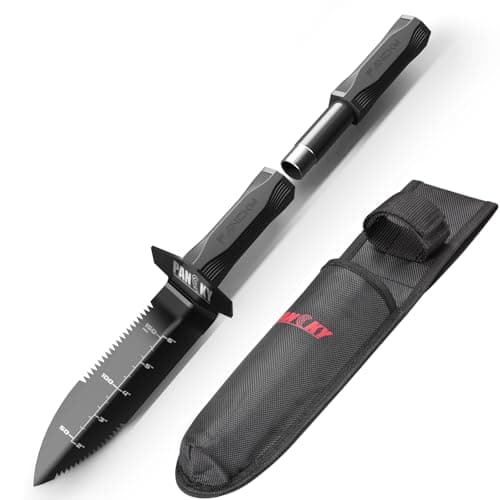 PANCKY Metal Detector Shovel with Extended Handle & Carrying Sheath, Heavy Duty Double Serrated Edge Metal Detecting Digging Tool, Digger Trowel for Gardening, Camping, Black - Image 1