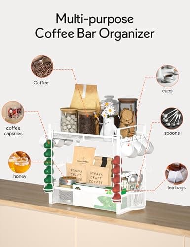 Coffee Mug Holder Bar Organizer - 2 Tier Coffee Cup Holder for Countertop, Multifunction Coffee Station Organizer with 12 Hooks, 2 Coffee Pod Holder, 2 Coffee Spoon Holder, for Kitchen, Office - Thumbnail 4