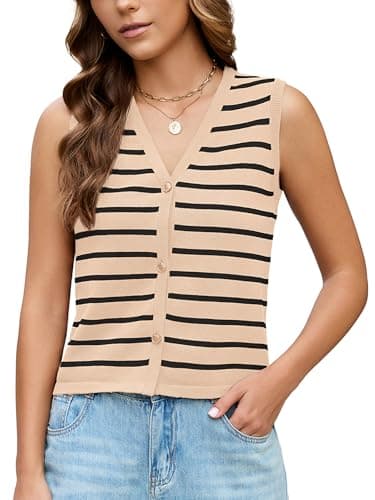 KORSIS 2026 Vest Tops for Women Apricot Black Striped Medium Button up Summer Fall Outfits Fashion Casual Blouses Shirts Coat Knit Cardigan jacket Work Clothes - Image 1