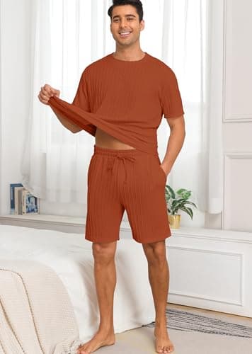 PrinStory Mens Pajamas Set Summer Pjs Sets Lightweight Short Sleeve Pajama Shorts Set Soft Sleepwear Loungewear with Pockets Caramel-XL - Thumbnail 2