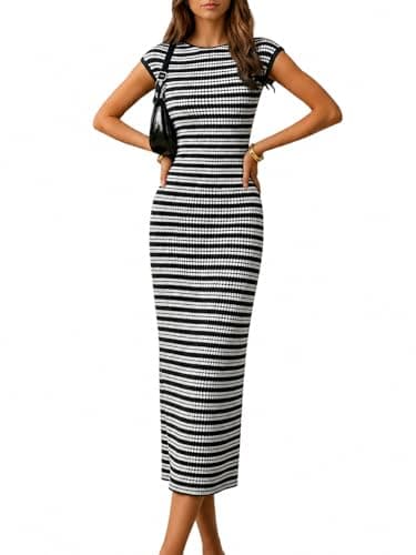 itnpbwus Women's Striped Midi Dress Casual Bodycon Knit Dress Crew Neck Cap Sleeve Summer Dress for Women, Beach Vacation Travel Black M - Image 1