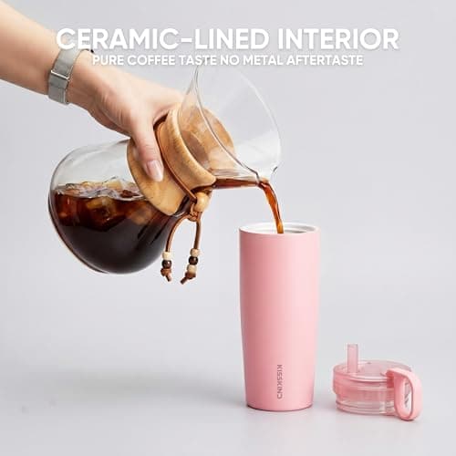 KISSKIND 20 Oz Iced Coffee Tumbler with Hidden Straw, Insulated Stainless Steel Coffee Tumbler, Leakproof Ceramic Lined Travel Cup for Subway Commuting, Slim Tumbler for To-Go, Peach Sorbet - Thumbnail 6