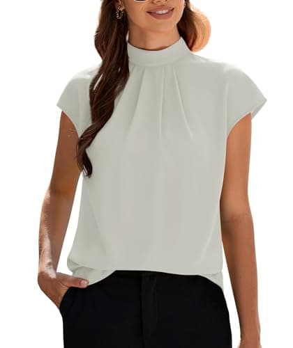 Funlingo Business Casual Tops for Women Summer Turtle Neck Chiffon Blouse Formal Tunic Dress Shirts Cap Sleeve Loose Pleated Work Outfits Grey L - Image 1