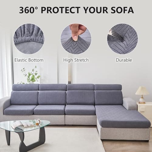 Genina 100% Waterproof Couch Cushion Covers for Pets - Stretch Sofa Seat Cover for Dogs Jacquard Non Slip Sectional Couch Covers Sofa Slipcovers Washable (3 Pieces, Dark Gray) - Thumbnail 6