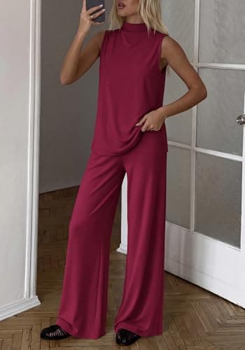 BTFBM 2 Piece Outfits For Women Airport Travel Summer 2026 Loose Mock Neck Sleeveless Wide Leg Pants Workout Lounge Sets(Burgundy, Small) - Thumbnail 2