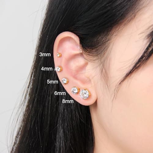 Hypoallergenic Threadless Flat Back Earrings,1 Pairs Cartilage Stud for Women Men Titanium Post 20G None Screw Easy Push in Gold Black Silver Stainless Steel Flatback with CZ 3-8mm (Gold Stud, 4mm) - Thumbnail 3