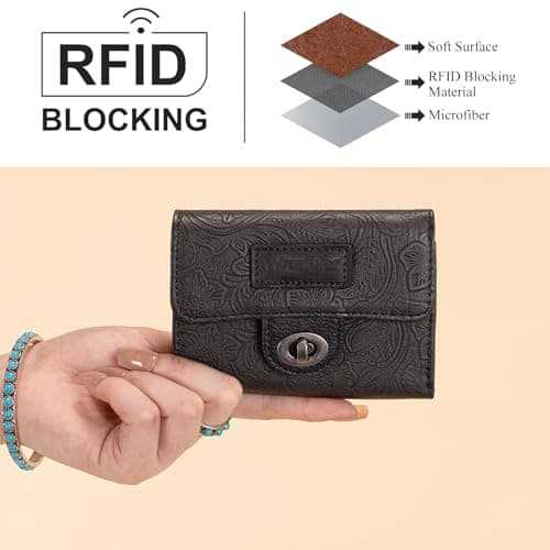 Montana West X Wrangler Black Wallet for Women Western Card Cases & Money Organizers Trifold Small Wallet with Rfid Lining Blocking and Zipper Coin Pocket - Thumbnail 5