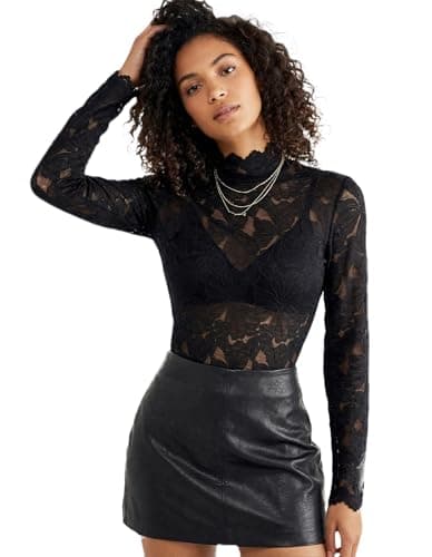 QiuDumo Womens Black Chic Floral Mesh Blouse Fitted Second Skin Top Brunch Streetwear Daily Wear Black M - Image 1