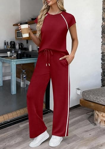 PRETTYGARDEN Two Piece Sets for Women 2026 Summer Vacation Outfits Cap Sleeve Tops Lounge Pants Matching Set Fashion Clothing (Burgundy,XX-Large) - Thumbnail 6