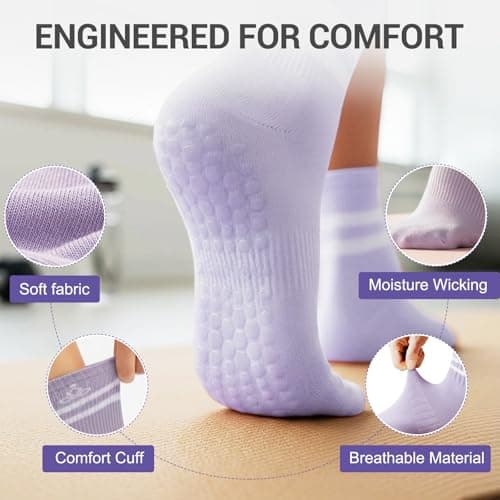4 Pack Pilates Crew Grip Socks for Women Non Slip Sticky Grippers Yoga Barre Slipper for Hospital Maternity Elderly Home Floor Reformer Ballet Dance Studio Athletic Thick Cotton - Thumbnail 3