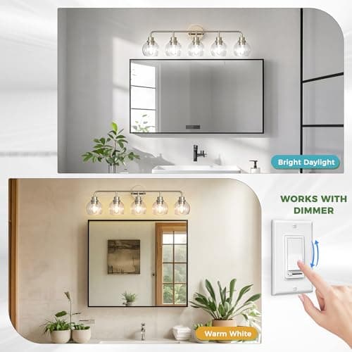 DORESshop 5-Light Bathroom Light Fixtures, 32.67-Inch Nickel Bathroom Vanity Light with Clear Glass Globe Shade, Modern Vanity Lights for Bathroom Living Room Hallway Bedroom, E26, ETL Listed - Thumbnail 6