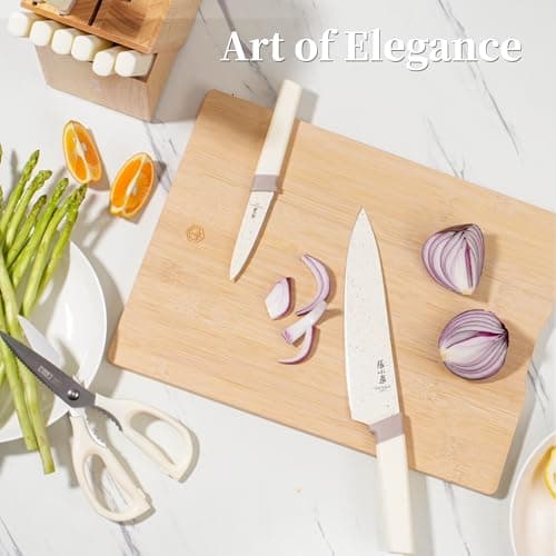 ZHANG XIAO QUAN Knife Set with White Block, High Carbon Stainless Steel Sharp Blades, Built-in Sharpener Kitchen Knife Block Set for Home Cooking - Thumbnail 3