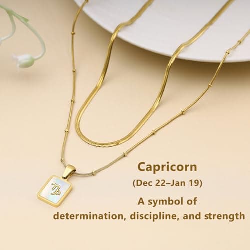 LETFLY Capricorn Zodiac Gold Necklace Stack for Women, 18K Gold Plated Square Shaped Pendant with Adjustable Layered Snake Chain for Women Jewelry Gifts - Thumbnail 5