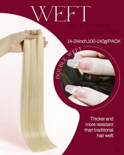 Moresoo Blonde Sew in Hair Extensions Real Human Hair Remy Straight Weft Hair Extensions Human Hair Golden Platinum Blonde 100Gram 18Inch - Thumbnail 2