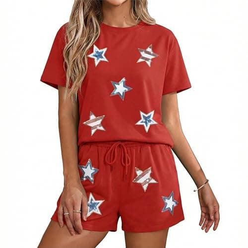 MYHALF 4th of July Sets for Women Sequin Star Graphic Shirt and Shorts Patriotic Outfits 2 Piece Short Sleeve Lounge Set - Thumbnail 6