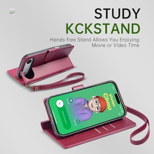 FLIPALM Wallet Case for iPhone 17 Series with Wrist Strap - PU Leather Folio Flip with Credit Card Holder & Kickstand, Protective Cover (Red, for iPhone 17 Air) - Thumbnail 3