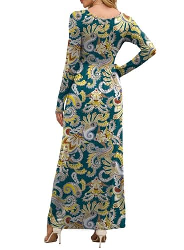DEARCASE Maxi Dress for Women Feather Cyan XX-Large Round Neck Boho Long Sleeves Wedding Guest A-line Casual Hawaiian Empire Waist Flowy Party Vintage Spring Fall Winter Floor Dresses with Pocket - Thumbnail 3