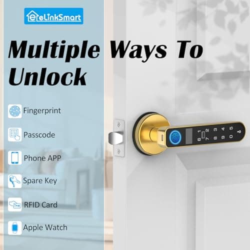 Fingerprint Keyless Entry Bedroom Door Lock with Code RFID Card NFC APP Keypad, Smart Biometric Automatic Interior Door Handle with Lock for Indoor Hotel Pantry Apartment Office Home, Gold - Thumbnail 2