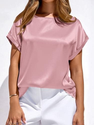 BTFBM Womens Summer Tops Satin Blouses Dressy Casual Loose Crewneck Short Sleeve Shirts 2026 Work Business Outfits(Pink, Medium) - Thumbnail 2