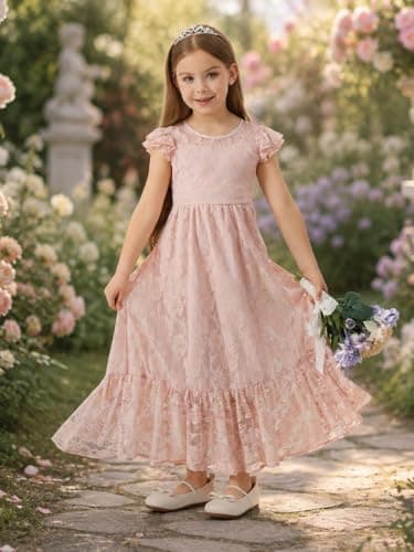 ALLOVIN Toddler & Girls Spring Easter Lace Flower Girl Dress for Wedding Baptism First Communion Maxi Boho A-Line | Flutter Sleeve Dusty Pink | 3-4Y - Thumbnail 4