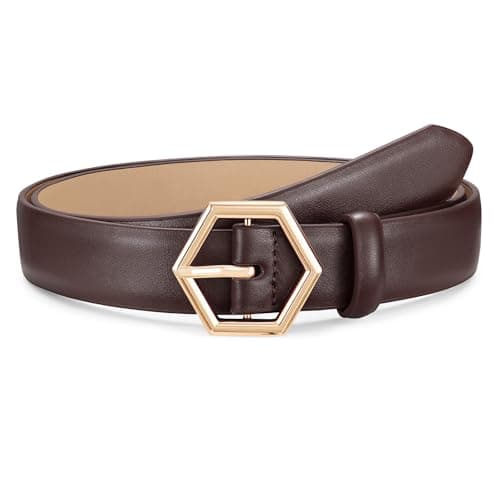 WHIPPY Skinny Leather Belt for Women Casual Waist Belt for Jeans Pants Fashion Ladies Thin Belt with Gold Buckle, Coffee, S - Image 1