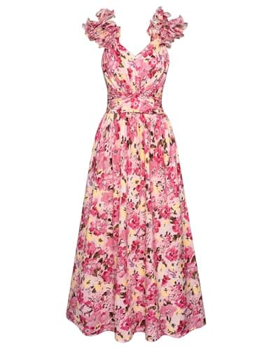 GRACE KARIN 2025 Women's Summer Floral Print Dress Sleeveless Casual Flowy Sundress A Line Ruffle Wedding Guest Outfit Pink Yellow Floral L - Image 1