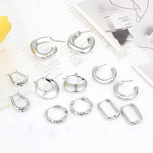 6 Pairs 14K Gold Plated Hoop Earrings for Women Lightweight Chunky Hoop Earrings Multipack Hypoallergenic, Thick Open Twisted Huggie Hoops Earring Set Jewelry for Gifts. (new silver hoops) - Thumbnail 6