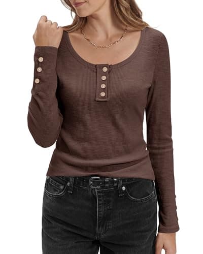 Stelle Women's Long Sleeve Henley T Shirts Button Ribbed Knit Loose Fit Basic Tops Blouse Casual Outfits Coffee XX-Large - Image 1