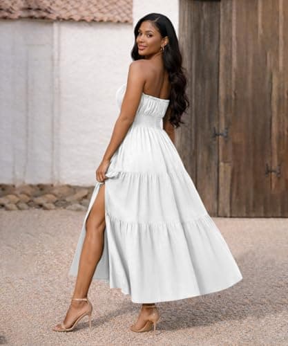ABKY Off The Shoulder Dress Summer Strapless Tube Top Dresses Long Flowy A Line Side Slit Vacation Beach Holiday Party Outfit White L - Thumbnail 5