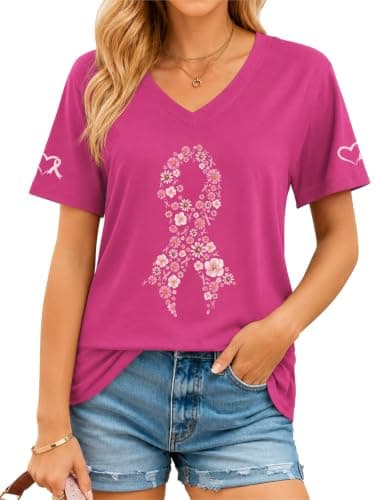 QIXYN Breast Cancer Shirts for Women Pink Ribbon Cancer Survivor Shirt